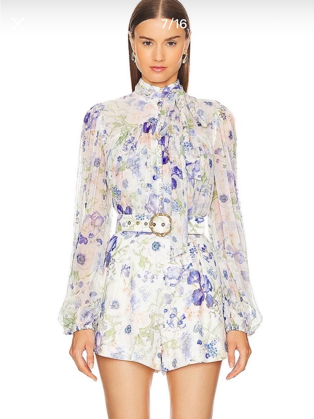 Sheer Floral Tie-Neck Set in Lavender & Green
